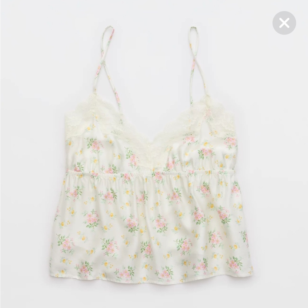 Aerie Floral Lace Trim Cami - White and Pink